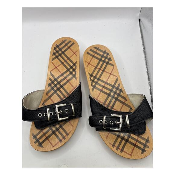 Burberry Leather Buckle Nova Check Clog Slides Womens Size 38 Brown Wooden Sole